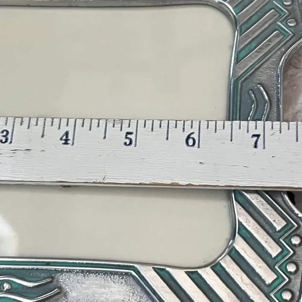 Vintage Silver Toned Picture Frame 4.5 x 6.5 in Aqua Accents Textured Easel Back